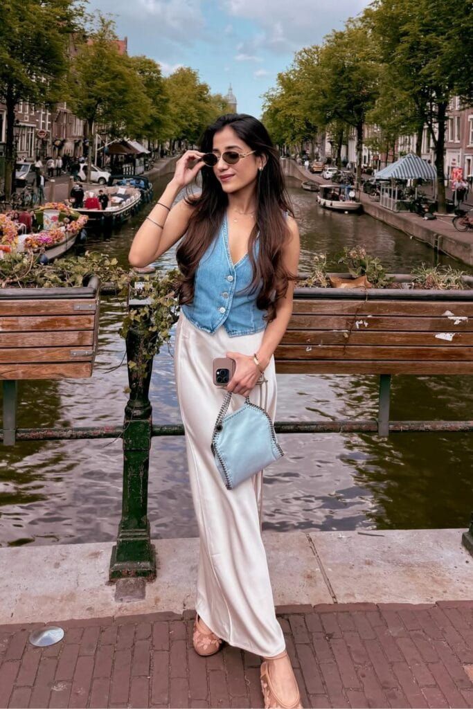 Denim Vest Over Satin Maxi Skirt Denim Vest Over Satin Maxi Skirt — Amsterdam Outfits