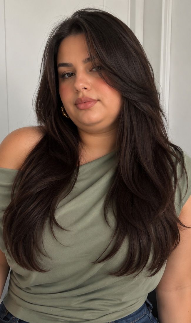 Mid-Back Wavy Layers With Curtain Bangs — Haircuts for Chubby Faces