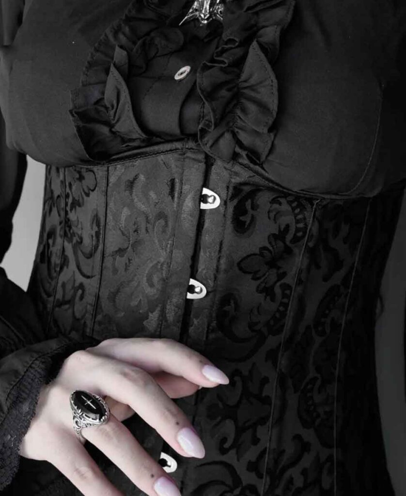 Black Brocade Corset Over Ruffled Blouse Black Brocade Corset Over Ruffled Blouse — Vampire Aesthetic Outfits