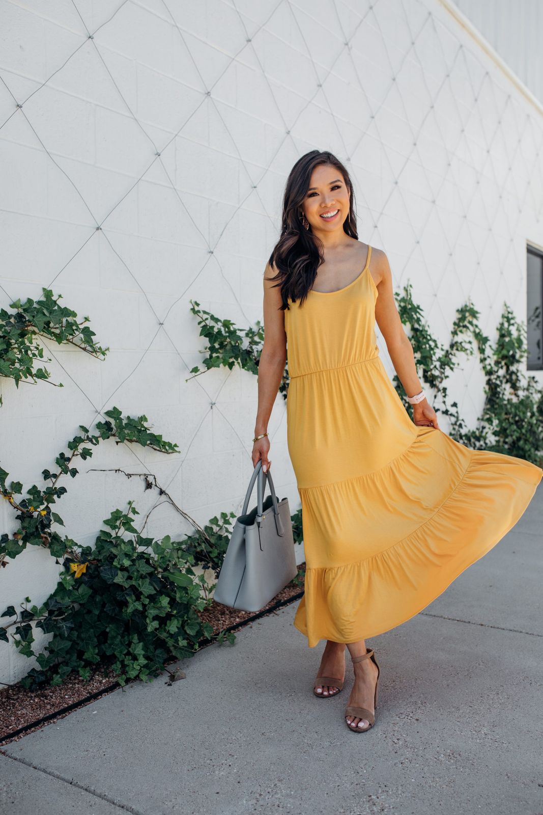 Tan Heeled Sandals Yellow Tiered Maxi Dress for Casual Summer Days Tan Heeled Sandals Yellow Tiered Maxi Dress for Casual Summer Days — Maxi Dress Outfits