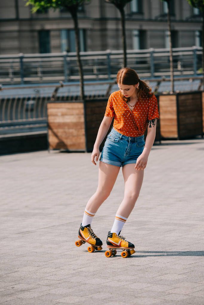 Polka Dot Top and Denim Shorts with Yellow Skates — Roller Skating Outfits