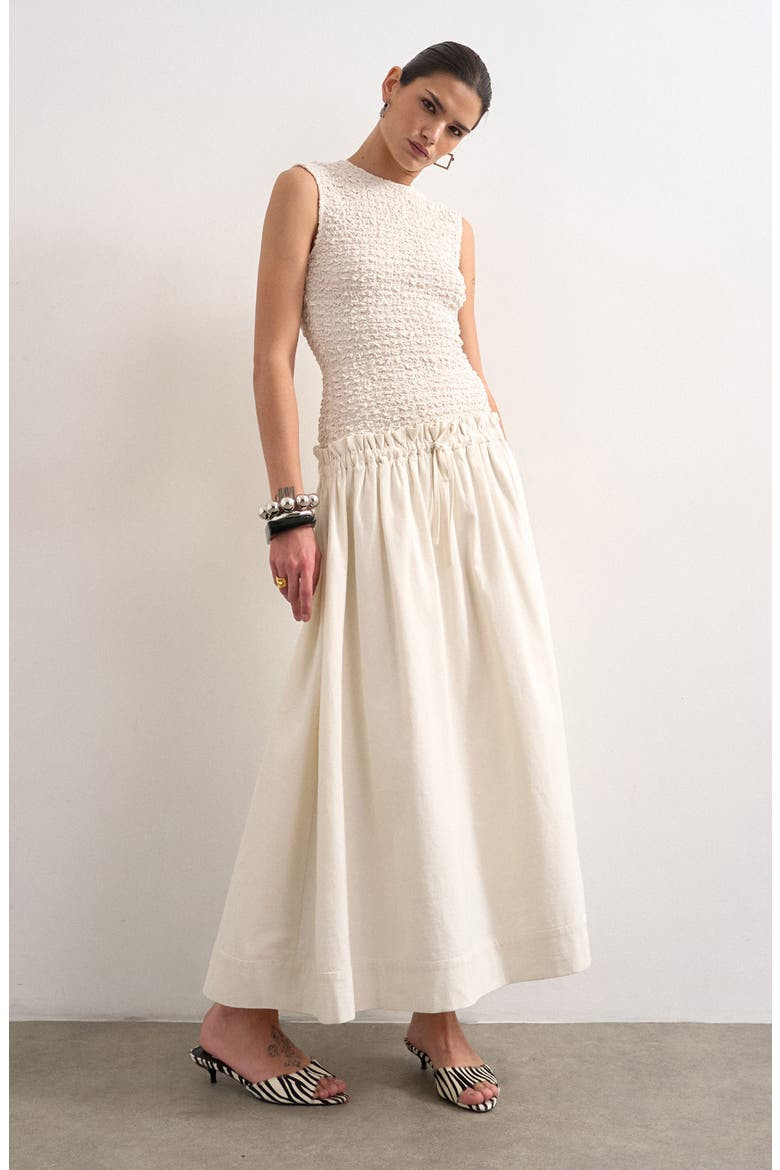 Off-White Textured Knit Smocked Bodice Drop Waist Dress Off-White Textured Knit Smocked Bodice Drop Waist Dress — Drop Waist Dresses