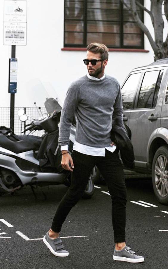 Urban Layering: Grey Sweater, White Shirt, and Black Trousers Urban Layering: Grey Sweater, White Shirt, and Black Trousers — Outfits for Men Over 40
