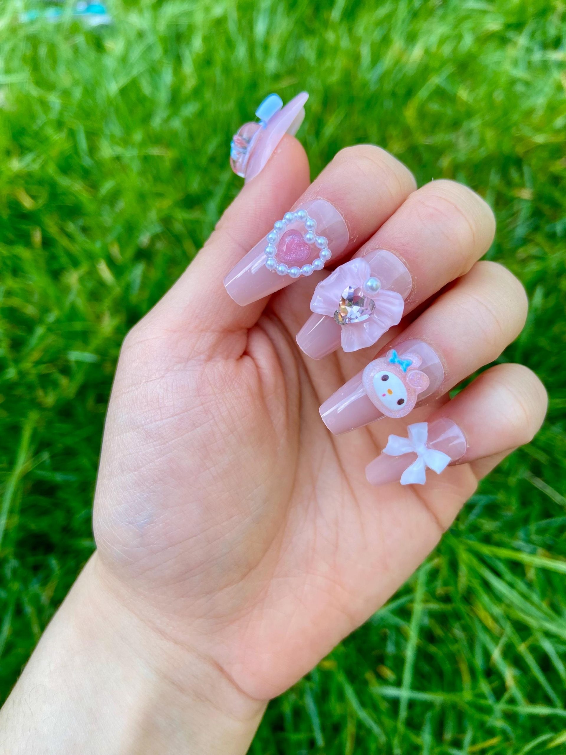 Kawaii 3D My Melody Heart Gem Coffin Nails — Sanrio Nails