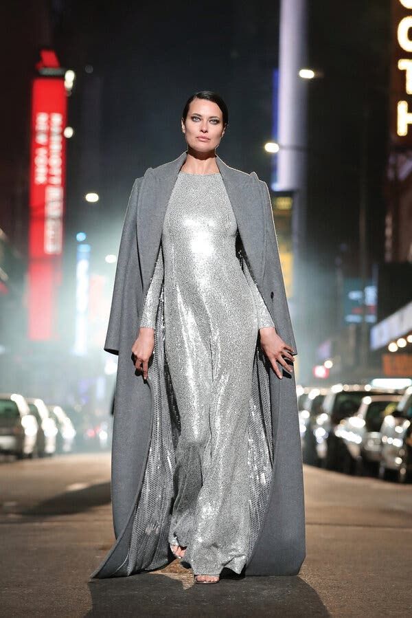 Dramatic Sequined Gown with an Oversized Wool Coat Dramatic Sequined Gown with an Oversized Wool Coat — Broadway Outfits