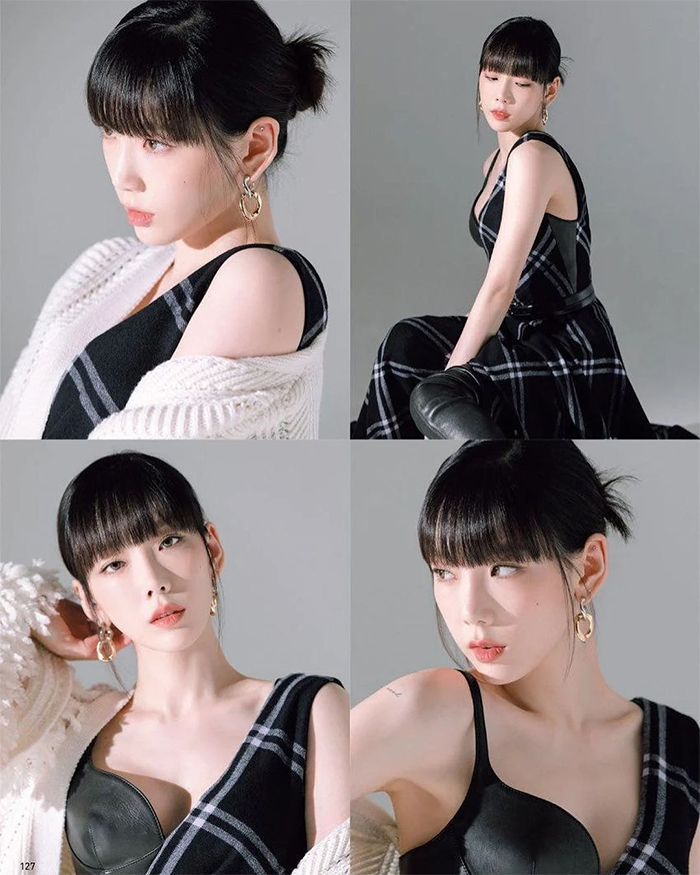 Textural Mix: Cardigan, Bustier Dress, and Boots with Bangs — Blunt Bangs
