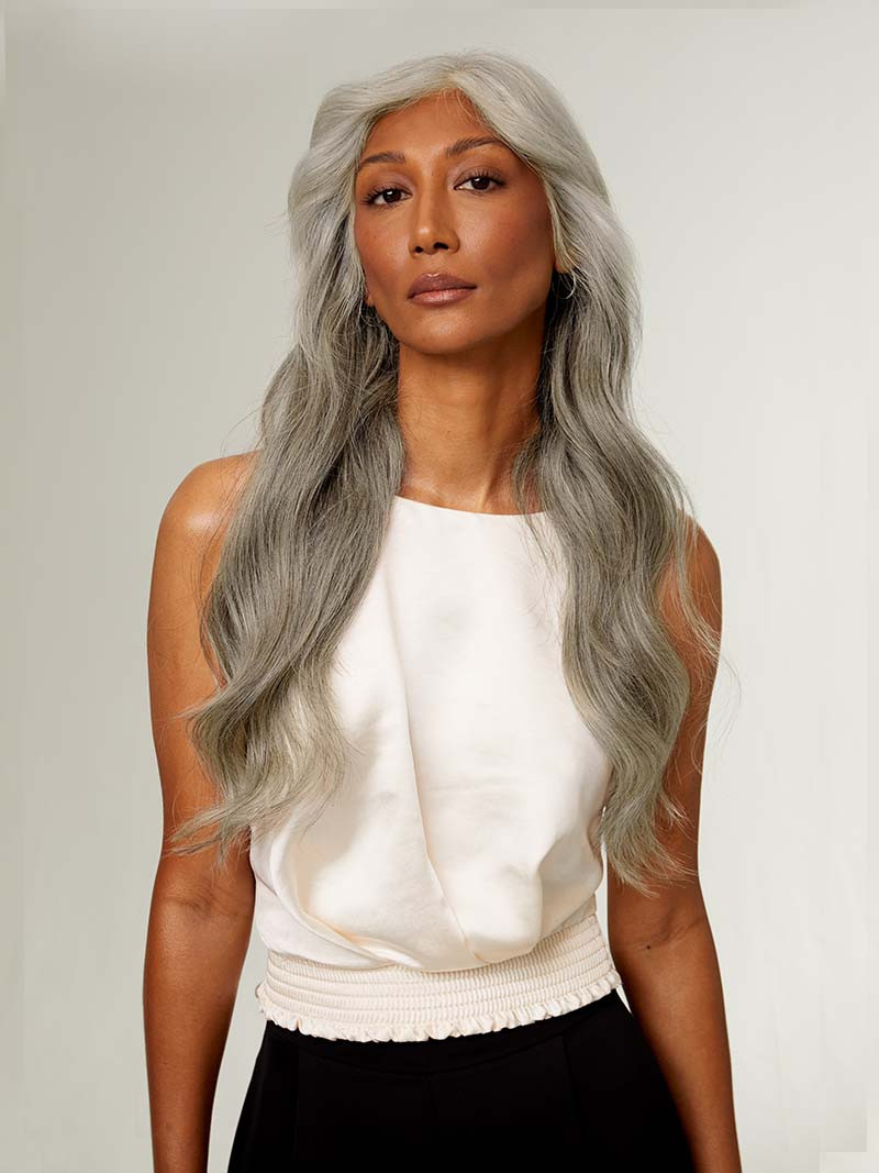 Light Gray Loose Waves With Middle Part — Halo Extensions Hairstyles