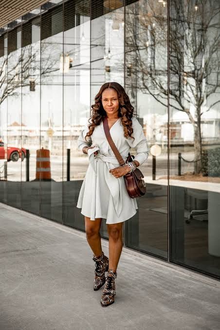 Casual Grey Jersey Wrap Dress with Patterned Boots — Wrap Dress Outfits