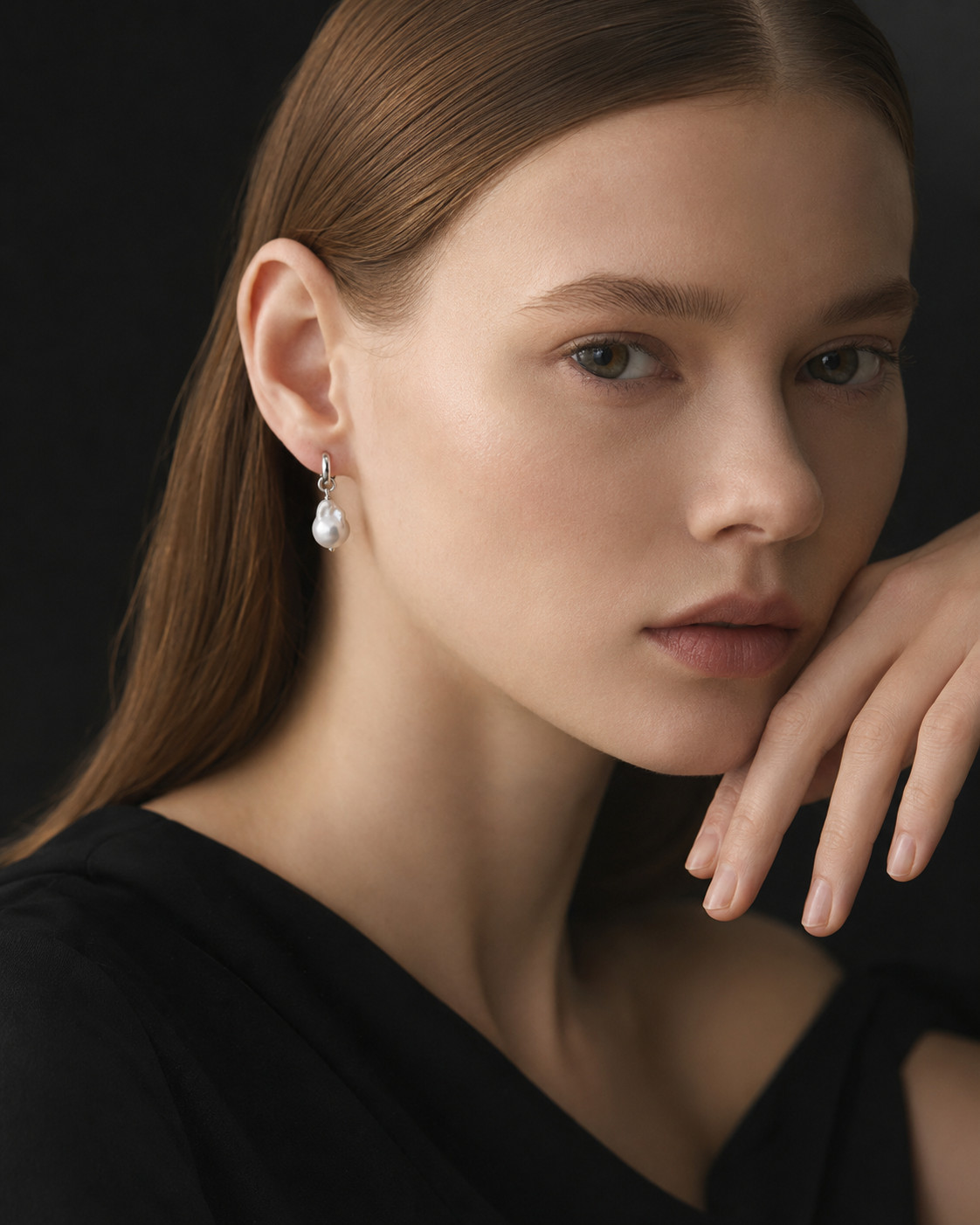 Baroque Pearl Drop on Silver Hoop with a Black Top Baroque Pearl Drop on Silver Hoop with a Black Top — Pearl Earrings Outfits