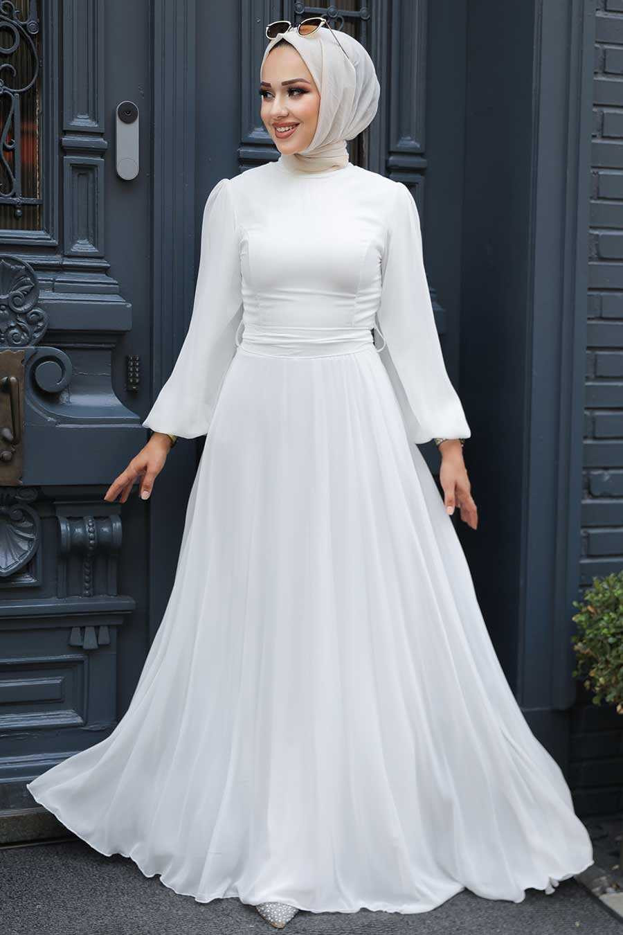 Ecru Chiffon A-Line Dress with Hijab — Engagement Photo Dresses