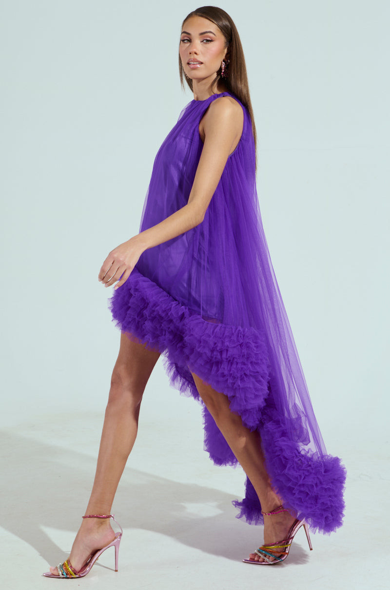 Vibrant Purple Tulle High-Low Dress with Ruffled Hem — High Low Dresses