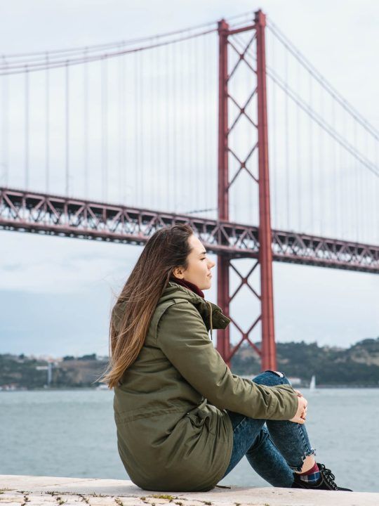 Olive Green Parka Over Red Turtleneck and Blue Jeans — Lisbon Outfits