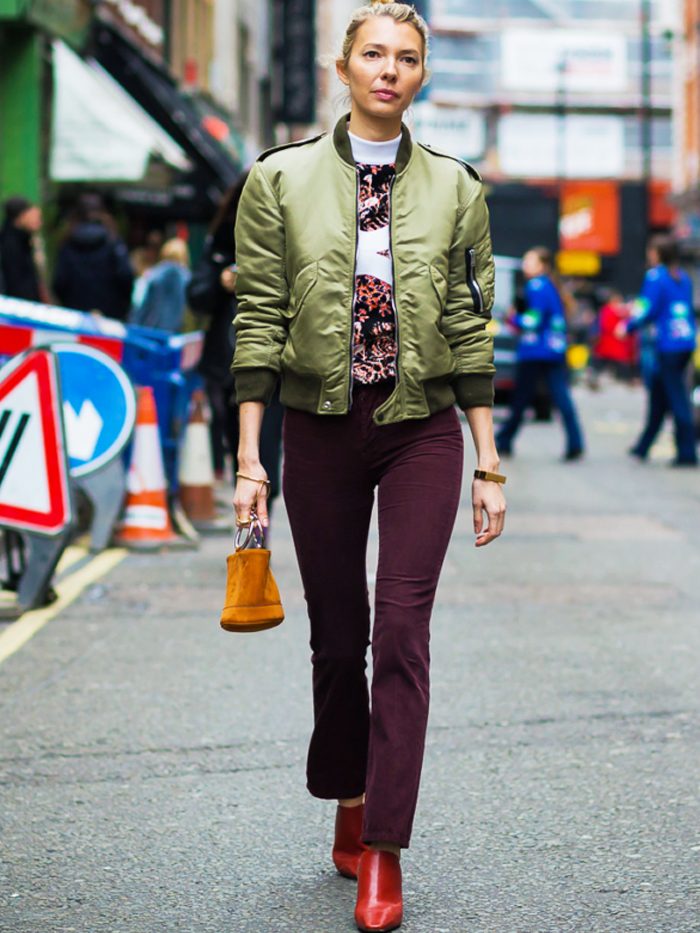 Olive Green Satin Bomber with Flared Pants — Bomber Jacket Outfits