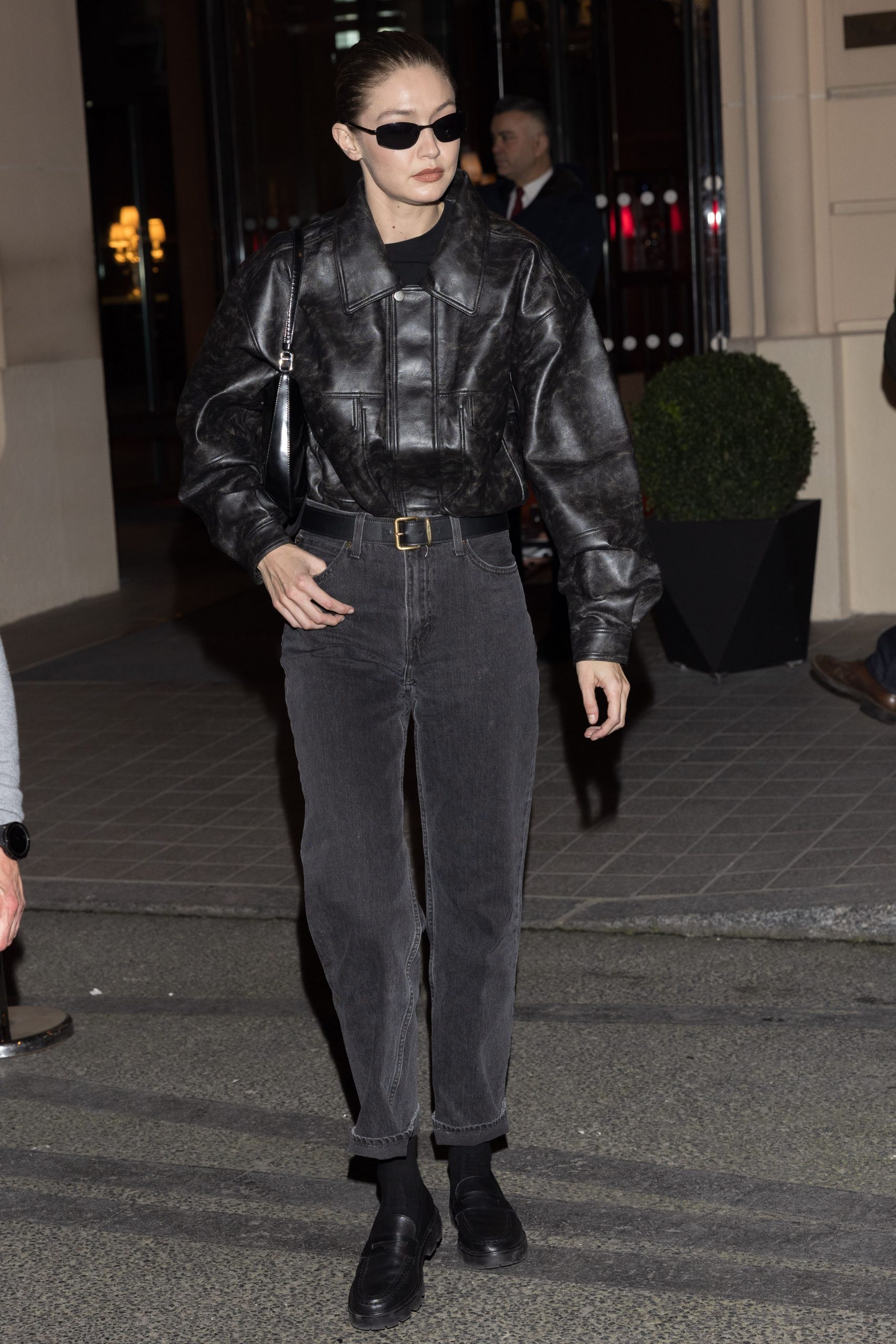 Grey Mom Jeans with Leather Jacket and Loafers Grey Mom Jeans with Leather Jacket and Loafers