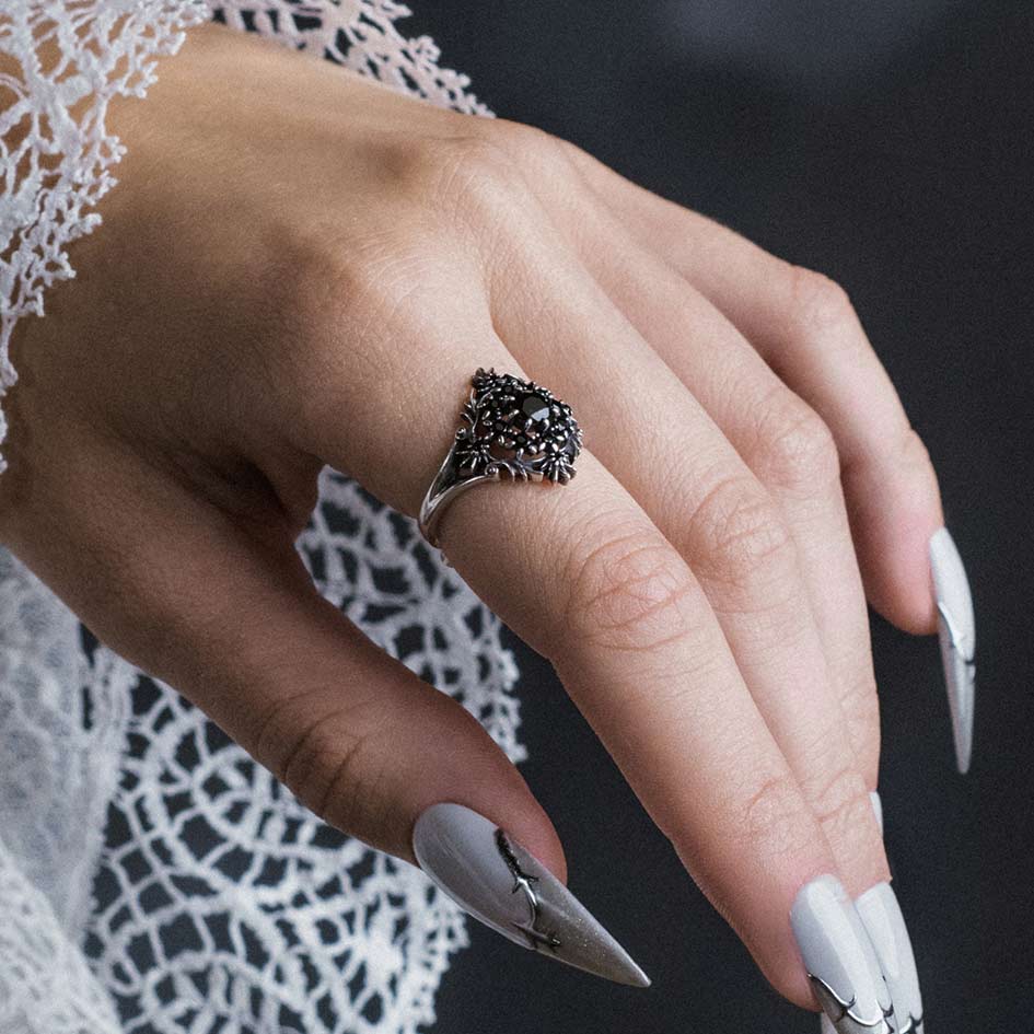 Ornate Silver Ring with Black Stone for Evening Ornate Silver Ring with Black Stone for Evening — Silver Jewelry