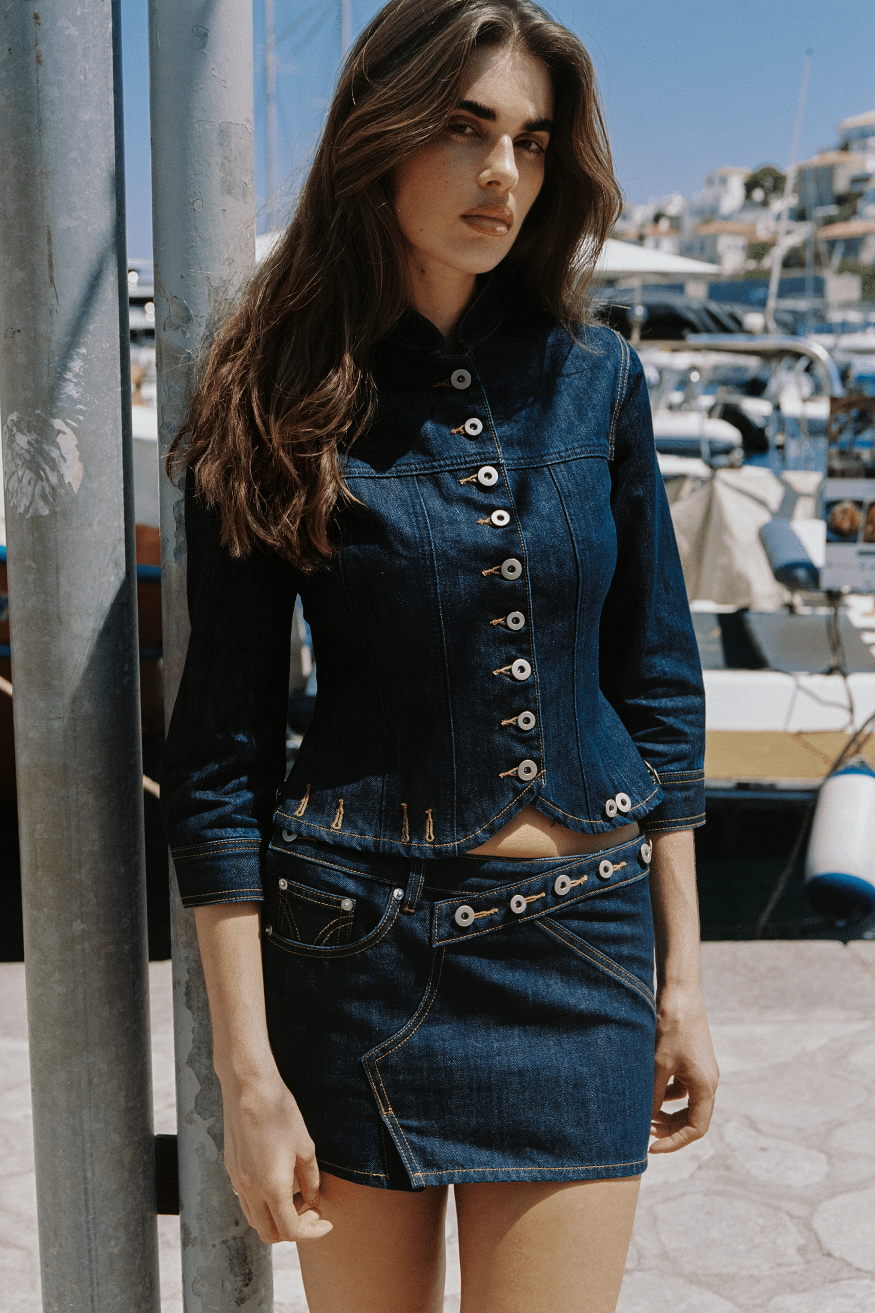 Monochromatic Denim Mini Skirt Set — Jean Skirt Outfits