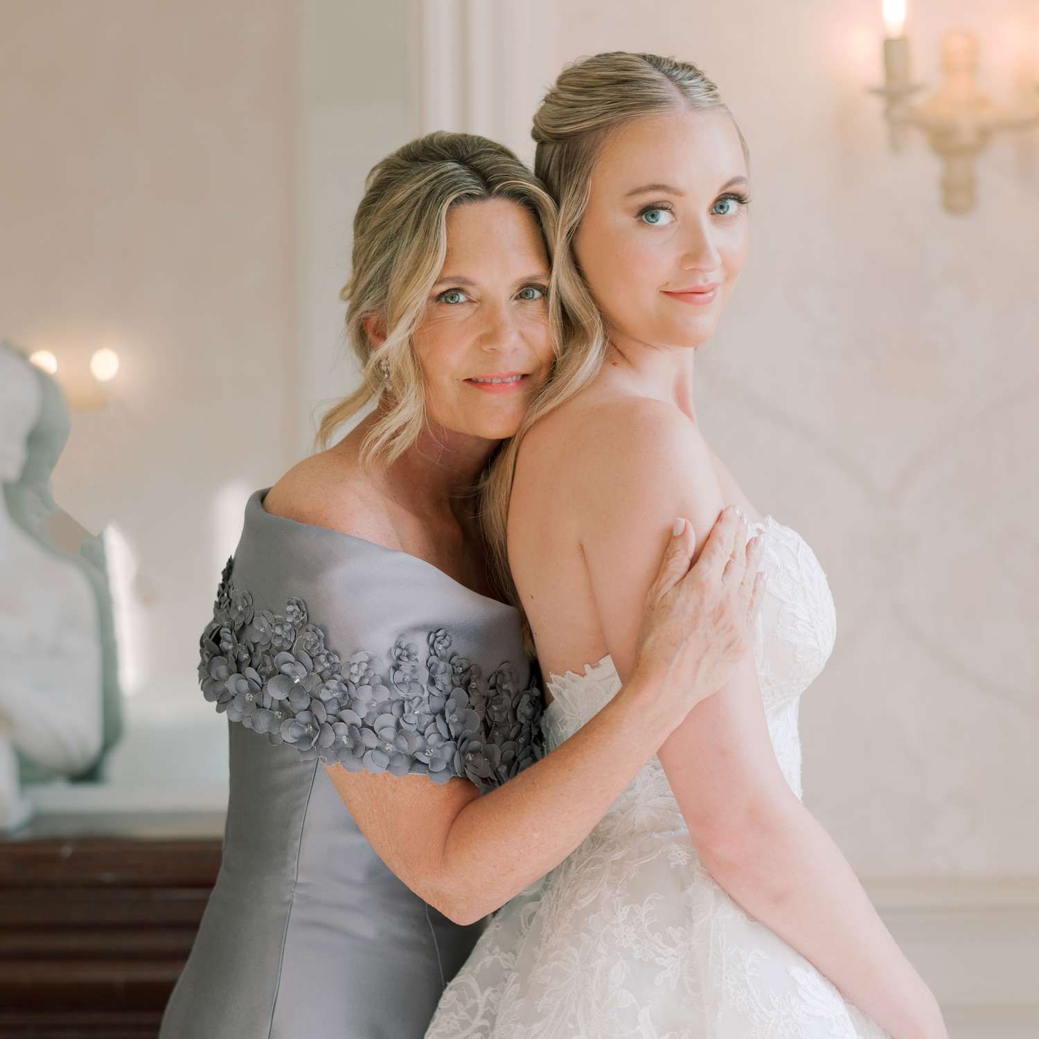 Grey Satin Off-the-Shoulder Dress with Floral Appliqué Grey Satin Off-the-Shoulder Dress with Floral Appliqué — Mother of the Groom Dresses