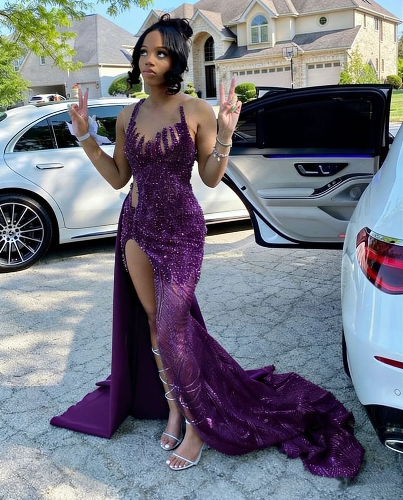 Deep Purple Sequined Mermaid Gown with High Slit and Train Deep Purple Sequined Mermaid Gown with High Slit and Train — Pageant Dresses
