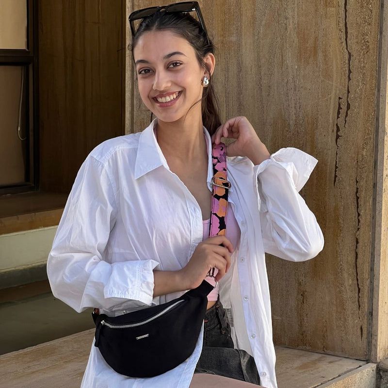 Summer Fun: Black Fanny Pack with Floral Strap Summer Fun: Black Fanny Pack with Floral Strap — Fanny Pack Outfits