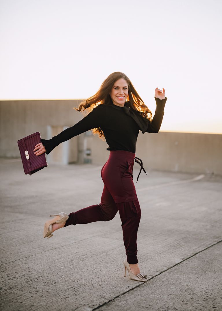 Dressy Evening Look with Burgundy Velvet Joggers Dressy Evening Look with Burgundy Velvet Joggers — Jogger Outfits