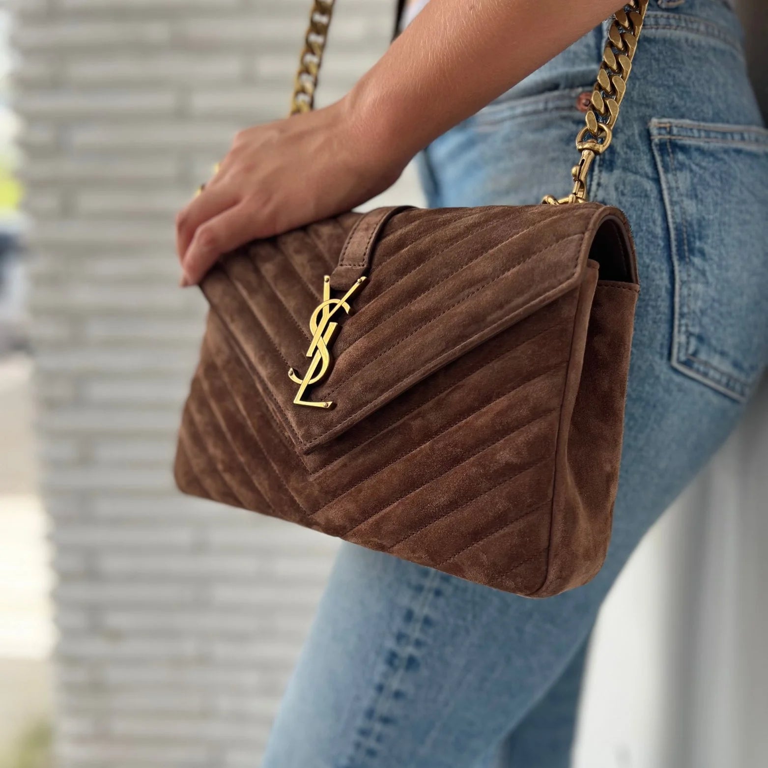 Chevron Suede Bag with YSL Logo Detail — Designer Bags