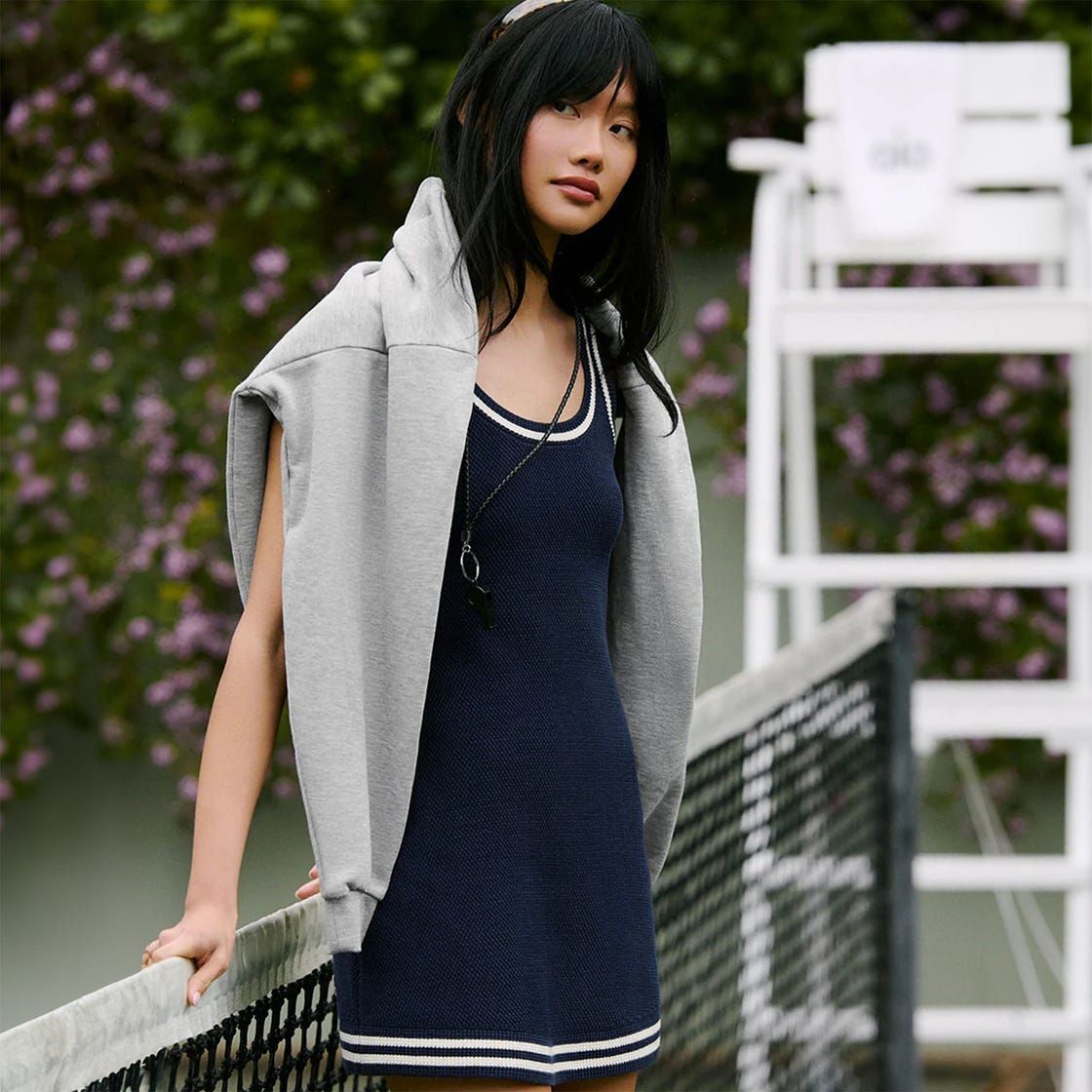 Navy Knit Tennis Dress with Grey Hoodie Layer — Tennis Dresses