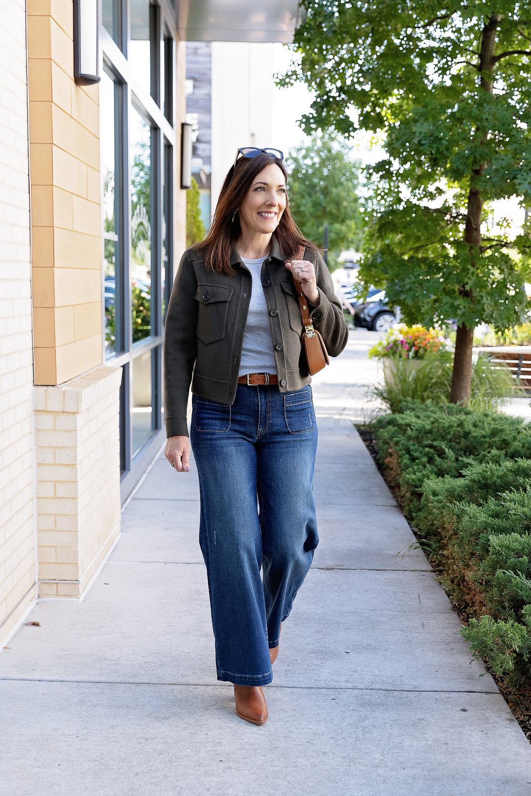 Olive Green Cropped Jacket with Wide-Leg Pants — Outfits for Broad Shoulders