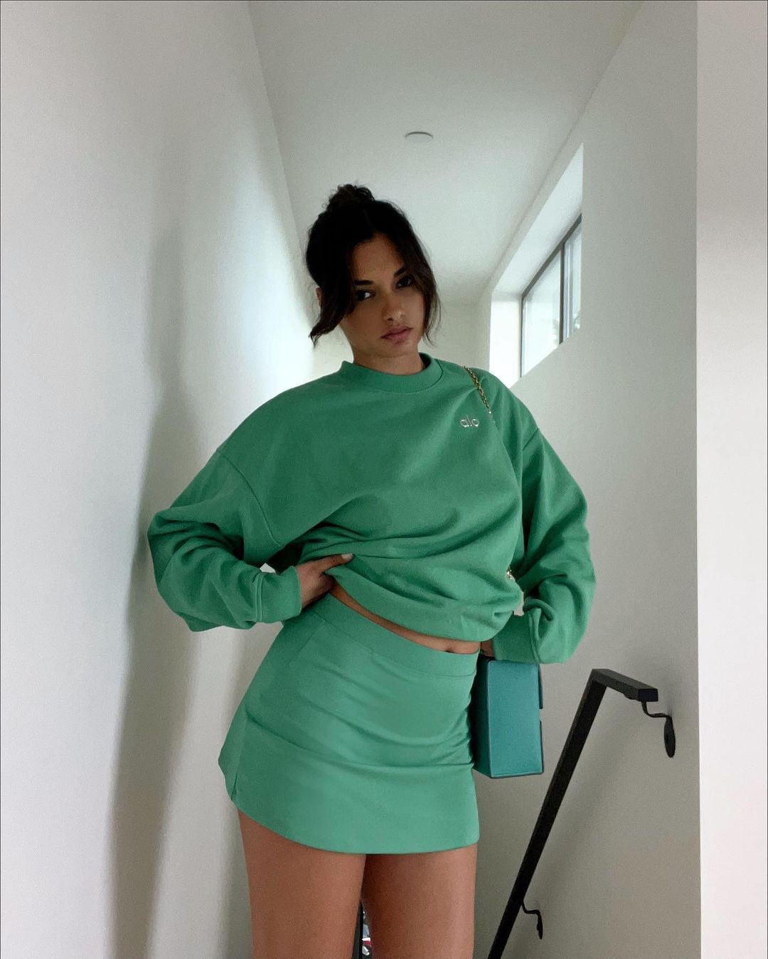 Matching Green Set: Crewneck Sweatshirt and Mini Skirt for Athleisure Chic — Tenniscore Outfits