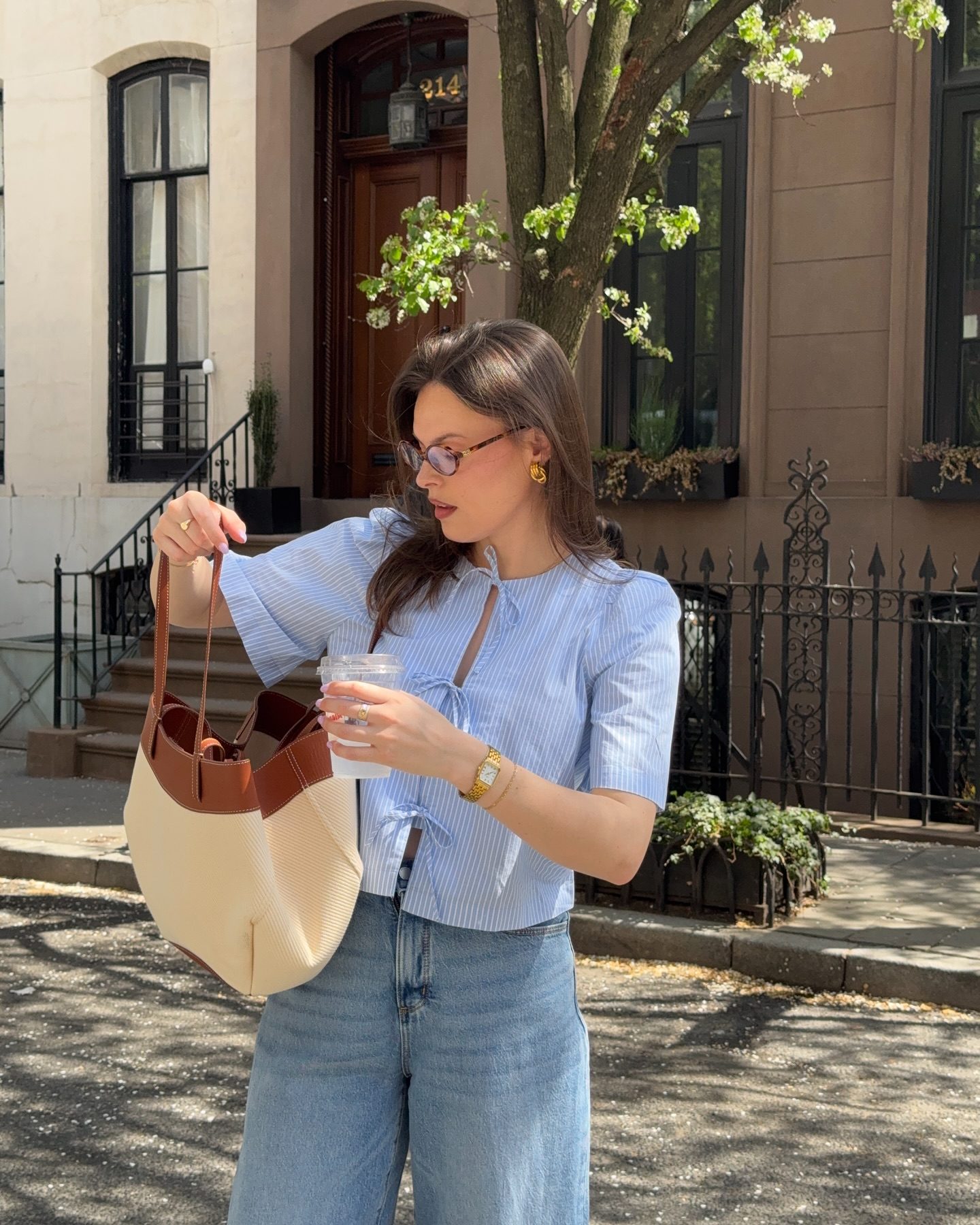 Blue and White Striped Tie-Front Blouse with Puff Sleeves Blue and White Striped Tie-Front Blouse with Puff Sleeves — Blouses