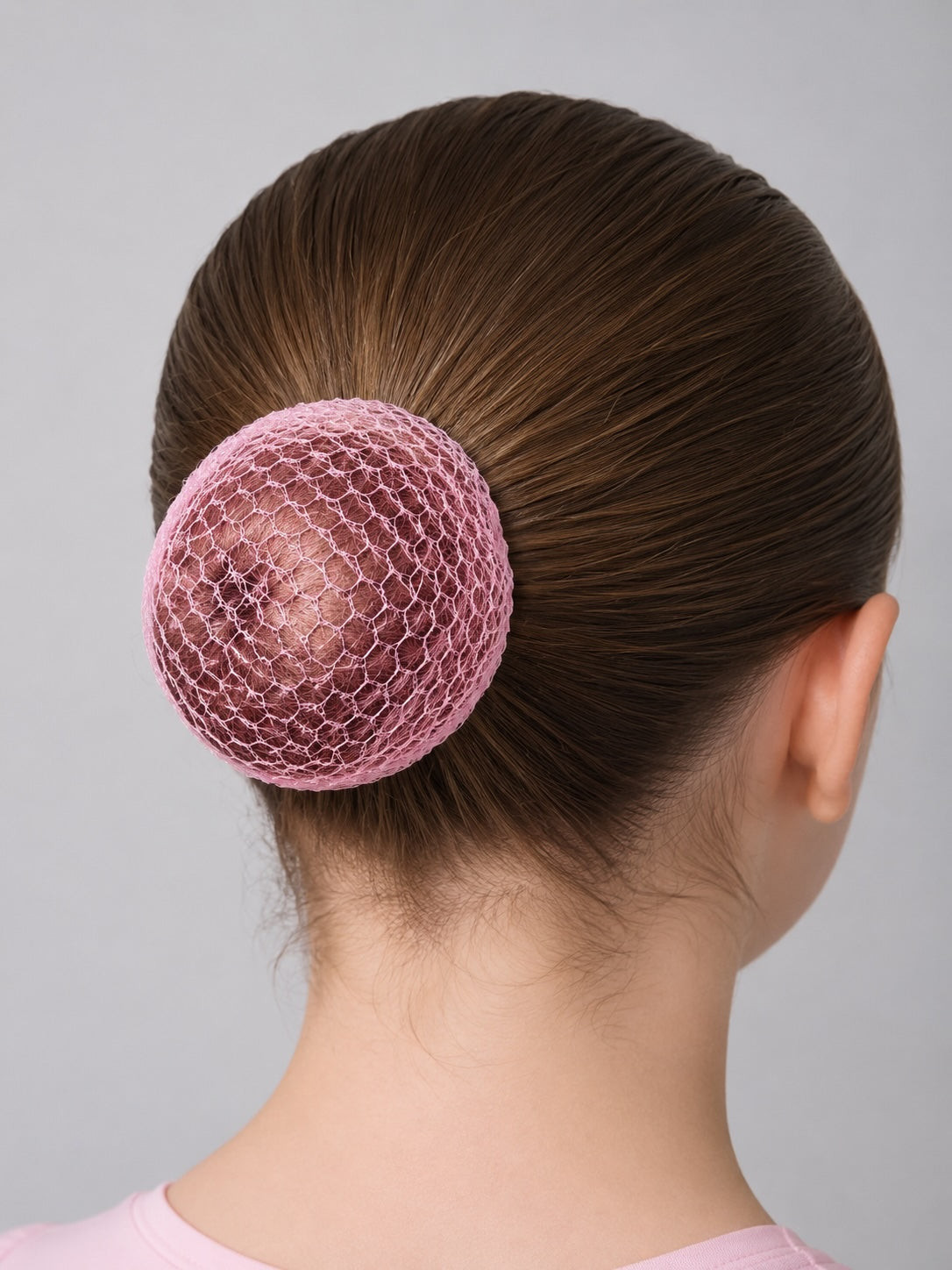 Slicked Dark Brown Bun with Pink Hairnet Slicked Dark Brown Bun with Pink Hairnet — Ballet Hairstyles