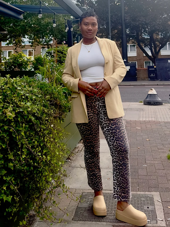 Leopard Print Pants Meet Beige Clogs and Blazer — Clog Outfits