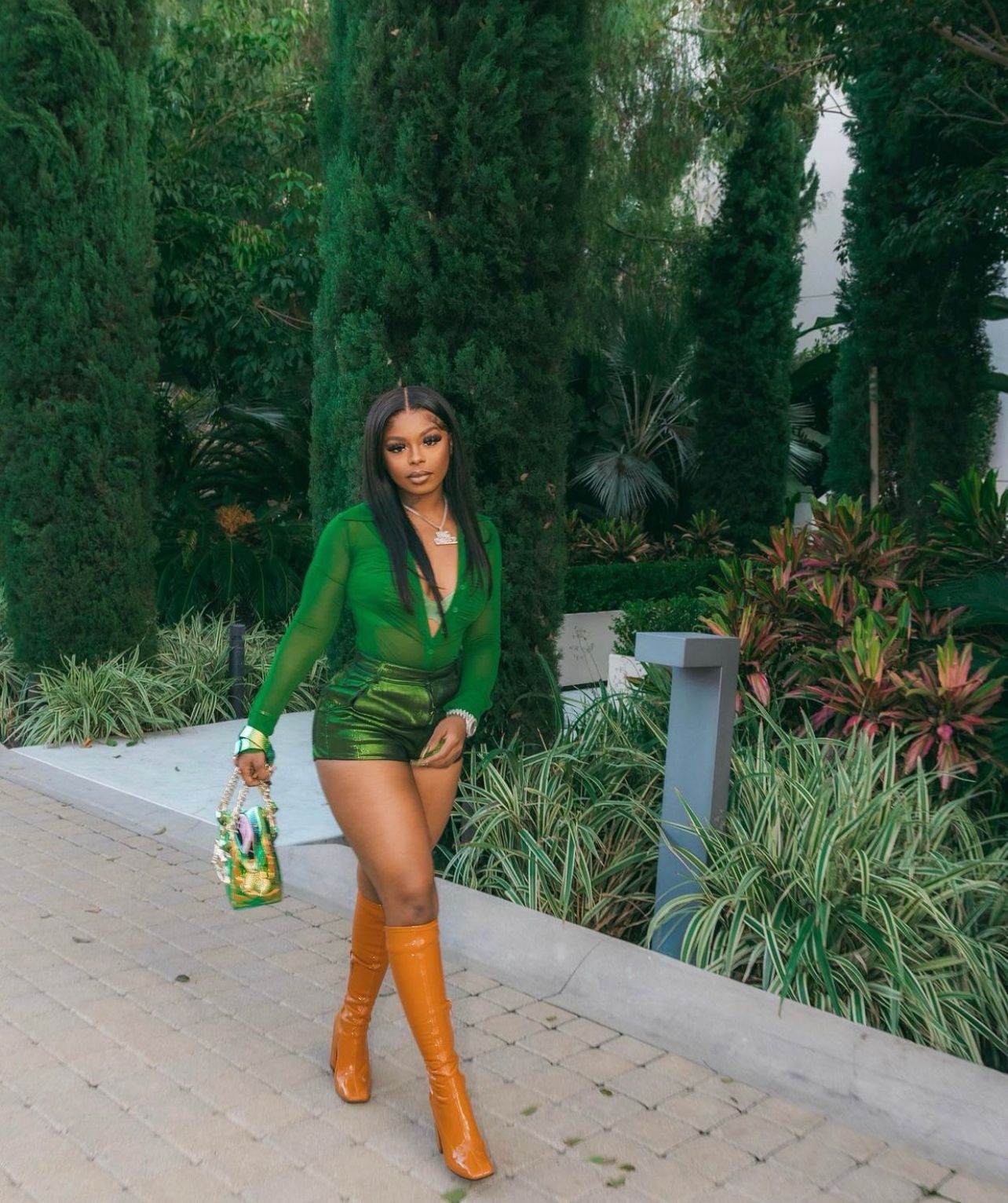 Green Mesh Bodysuit and Metallic Shorts for Evening Events — Fashion Nova Outfits