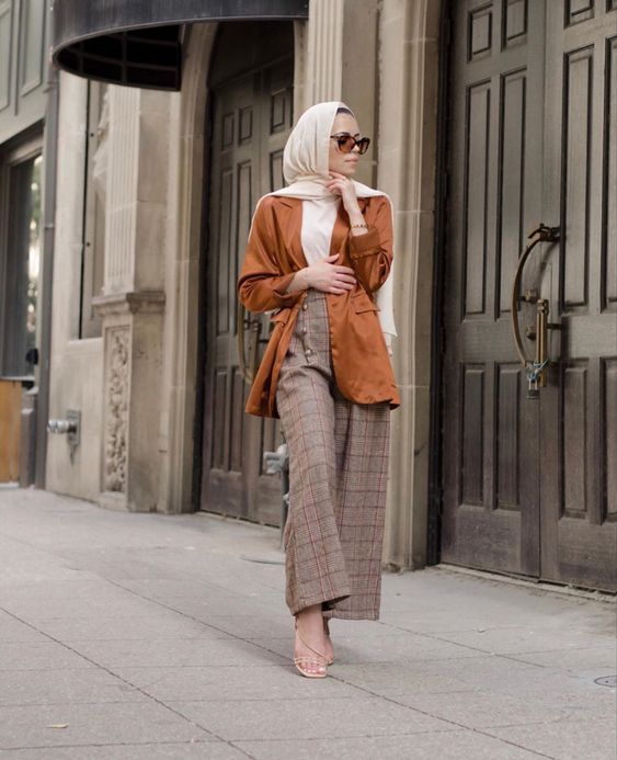 Plaid Trousers and Rust Blazer: A Chic Work Combination — Hijab Work Outfits