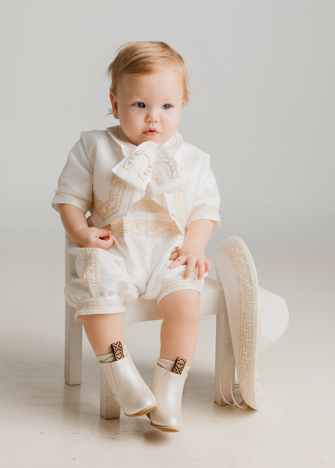 White Charro-Style Romper with Gold Embroidery — Baptism Outfits