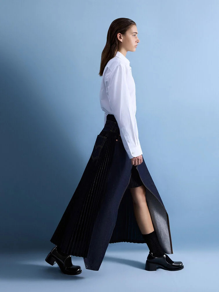 Denim Maxi Skirt and Button-Down Shirt with Black Mary Janes — Chunky Mary Janes Outfits