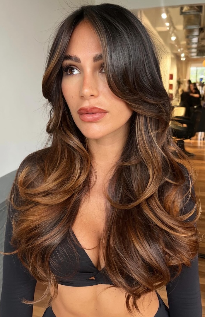 Rich Caramel Balayage Long Layers with Golden Amber Undertones