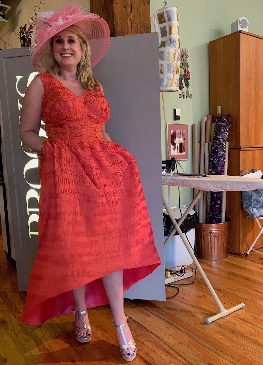 Coral Textured Dress with Large Pink Hat and Silver Heels — Kentucky Derby Outfits