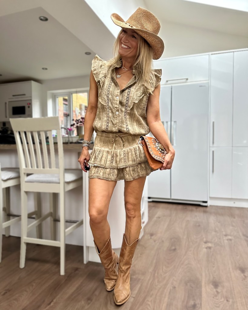 Fringed Tan Cowboy Boots with Tiered Mini Dress — Cowboy Boots Outfits