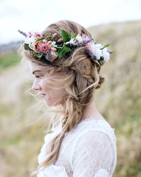 Half-Up With Braided Crown and Flower Crown — Boho Braided Wedding Hair