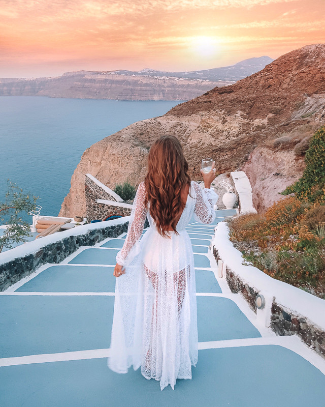 Romantic Santorini Sunset: Sheer Lace Maxi Dress — Santorini Outfits