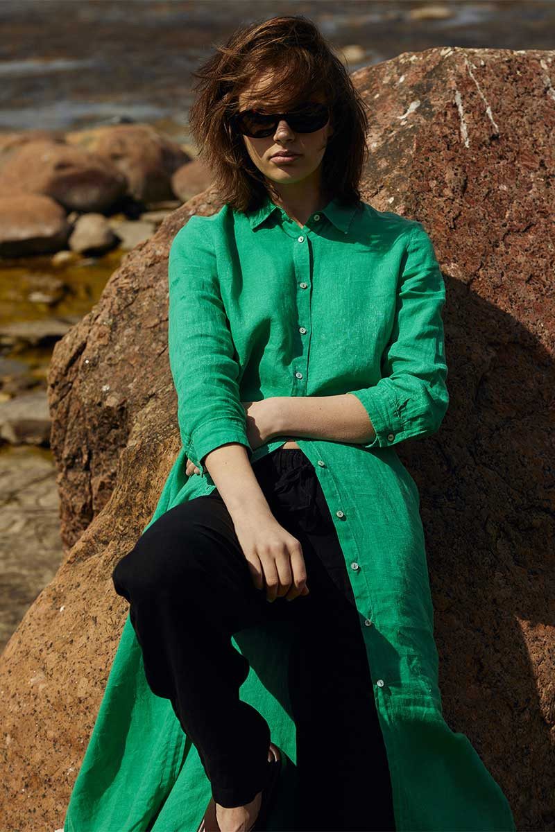 Vibrant Green Linen Shirt Dress Styled Over Black Trousers — Shirt Dress Outfits