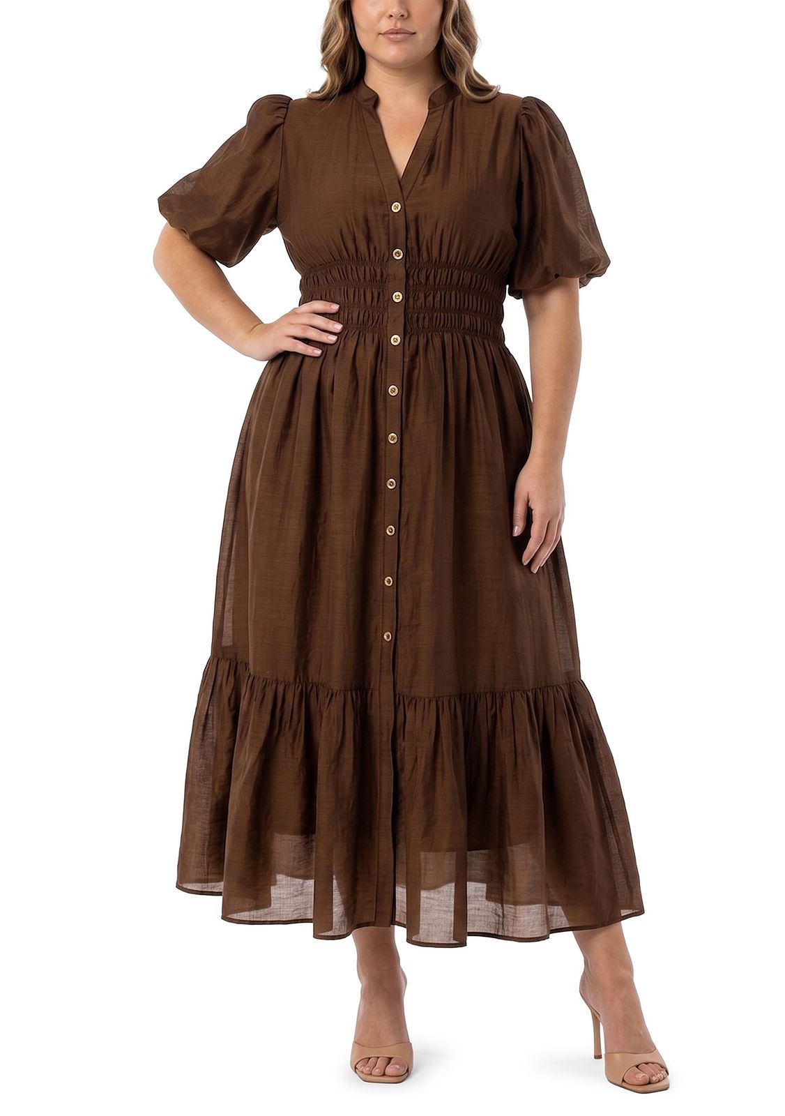 Brown Linen Blend Midi Dress with Button-Front — Plus Size Dresses