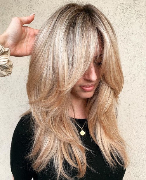 Blonde With Darker Roots — Long Hair with Bangs