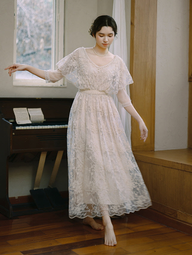 Ivory Lace Dress with Flutter Sleeves and Empire Waist — Princesscore Outfits
