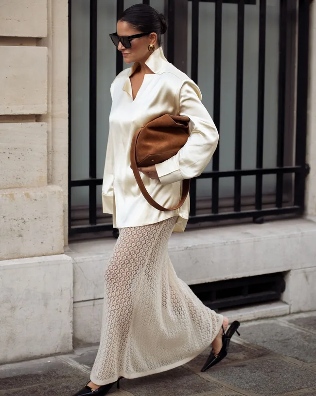 Chic Evening Street Style Crochet Knit Maxi Skirt with Oversized Satin Shirt — Long Skirt Outfits