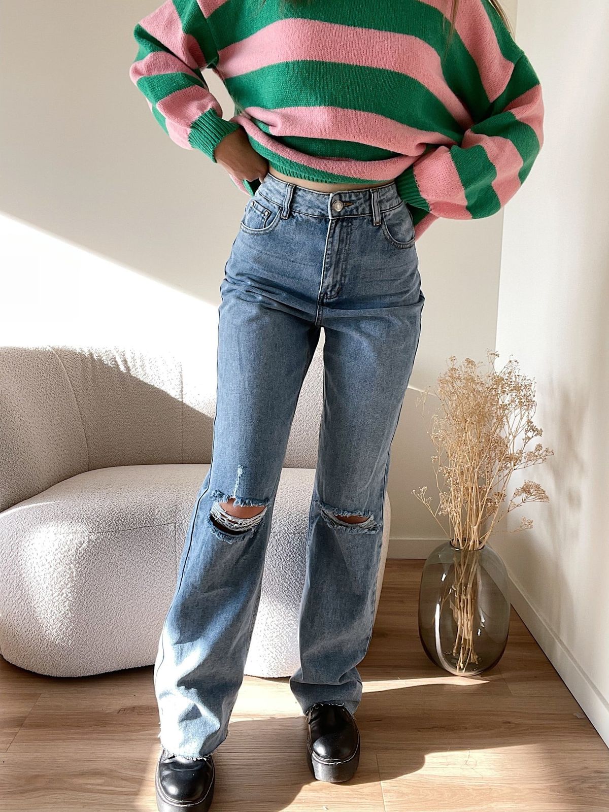 Ripped Jeans with Bold Striped Sweater and Platform Loafers
