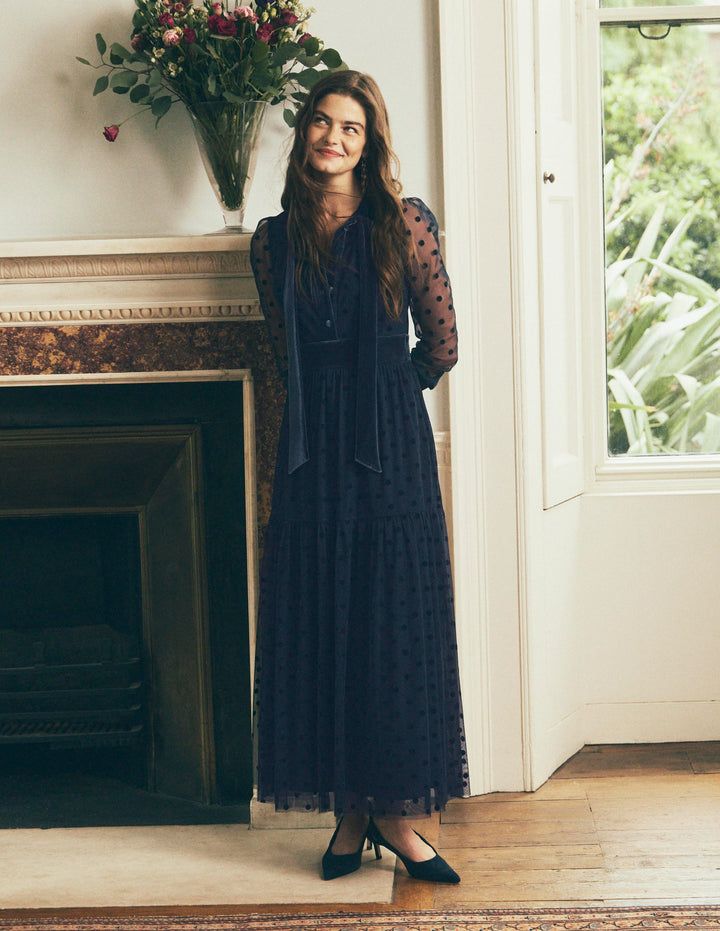 Navy Tiered Maxi Dress with Polka Dots — Going Out Dresses