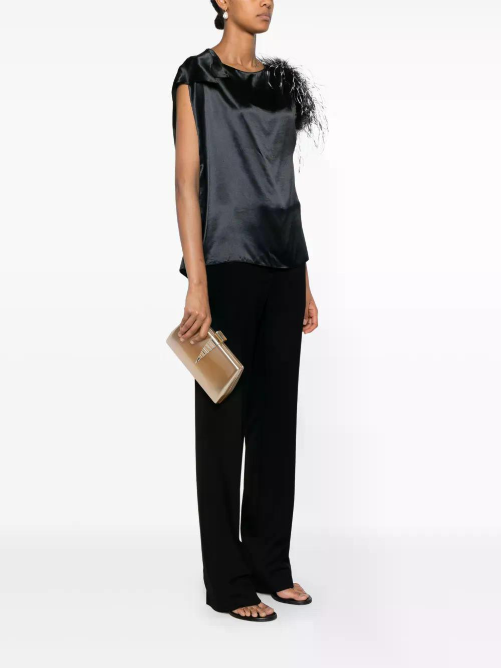 Elegant Black Ensemble with a Gold Clutch and Feather Detail — Clutch Outfits