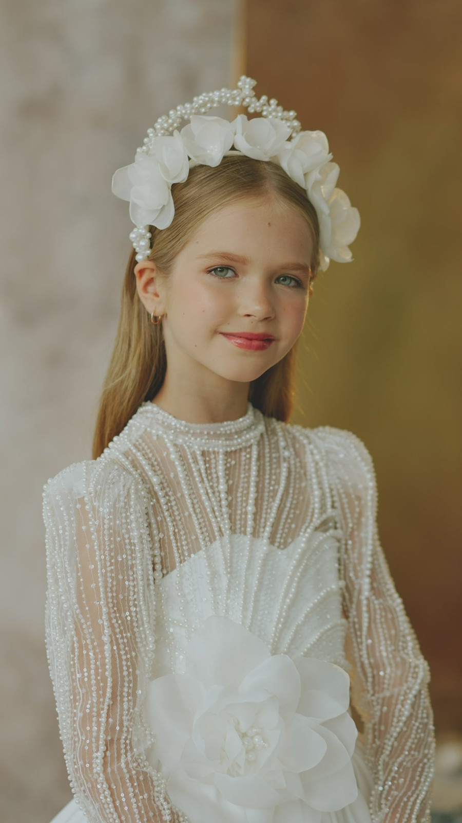 Beaded High Neckline Dress with Intricate Pearl Embellishments Beaded High Neckline Dress with Intricate Pearl Embellishments — First Communion Outfits