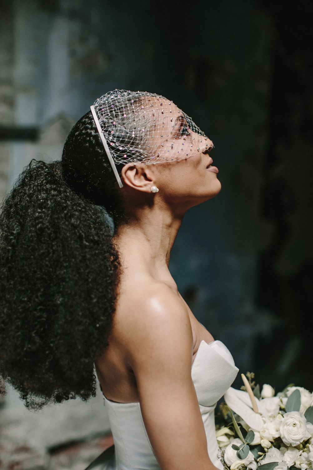 High Curly Ponytail With Birdcage Veil — Natural Hair Wedding Styles